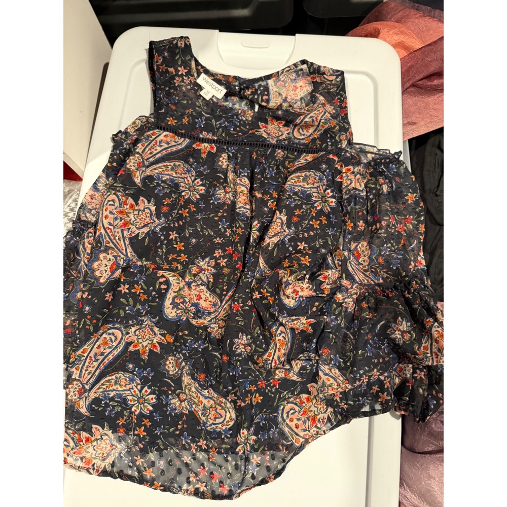 Westport XS Cold Shoulder Blouse Navy Paisley Floral Swiss Dot Ruffle Top
